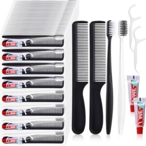 Zhehao 200 Sets Disposable Toothbrushes with Toothpaste Floss Comb Individually Wrapped Care Kits Toothbrushes Dental Floss Pick Black Hair Comb 3 g Travel Toothpaste for Hotel (Black White,Classic)