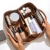 OTTOLTIL 2023 New Travel Makeup Bag, Large Capacity Cosmetic Bag, Portable PU Leather Waterproof Travel Makeup Bag for Women, with Handle and Divider Flat Lay Makeup Organizer Bags(Brown) - Image 7
