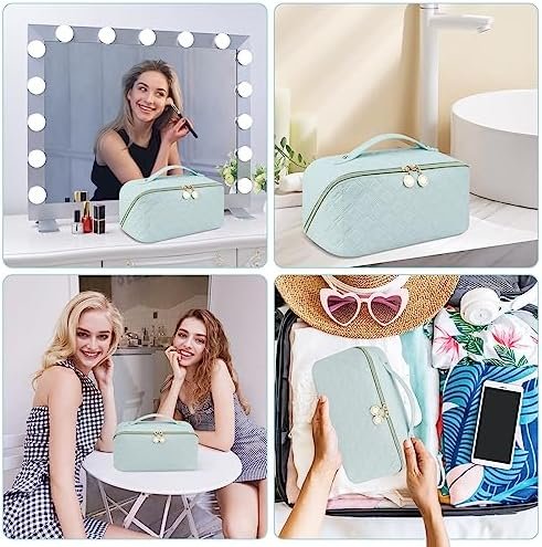Ineowelly Makeup Bag, Large Capacity Travel Cosmetic Bag for Women, PU Leather Makeup Travel Bag Waterproof, Multifunctional Toiletry Bag with Portable Handle & Layered (Light-Blue) - Image 8
