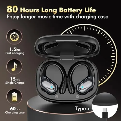 Wireless Earbuds Bluetooth Headphones 80hrs Playback Ear Buds IPX7 Waterproof&Power Display with ENC Noise Canceling Mic Over-Ear Stereo Bass Earphones with Earhooks for Sports/Workout/Running - Image 2