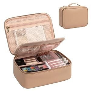 OCHEAL Makeup Bag, Cute Makeup Organizer Bag Potable Make up Bag for Toiletry Cosmetics Accessories with Divider and Brushes Compartments, Makeup Travel Case - Beige Apricot