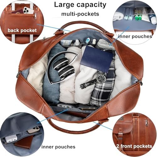 weiatas Leather Travel Duffel Bag for Women Men, Large Weekender Overnight Bag with Shoes Compartment, Waterproof Carry On Bag Travel Tote Bag Gym Bag with Luggage Strap (Brown) - Image 2
