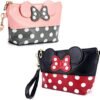 AHOLICSHOP 2 Pcs Cartoon Leather Travel Makeup Handbag, Cute Portable Cosmetic bag Toiletry Pouch for Women Teen Girls Kids (Black & Pink)