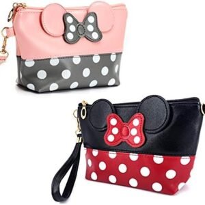 AHOLICSHOP 2 Pcs Cartoon Leather Travel Makeup Handbag, Cute Portable Cosmetic bag Toiletry Pouch for Women Teen Girls Kids (Black & Pink)