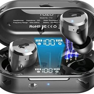 TOZO T12 (Large Ergonomic Edition) Wireless Earbuds Bluetooth 5.3 Headphones Premium Sound Performance Touch Control LED Digital Display Wireless Charging Case Earphones Dark Black