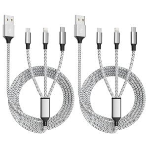 Multi Charging Cable, (2 Pack 4FT) 3 in 1 Charging Cable Nylon Braided Multi Charger Cable for Multiple Devices USB Fast Charging Cord with Type-C, Micro USB, IP Port for Most Phones/iPhones/Tablets