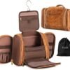 Elviros Travel Hanging Toiletry Bag for Women and Men, Large PU Leather Toiletries Organizer, Water-resistant Bathroom Shaving Kit for Cosmetics, Makeup Case (Large, Brown)