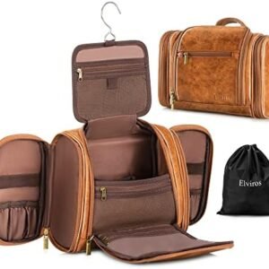 Elviros Travel Hanging Toiletry Bag for Women and Men, Large PU Leather Toiletries Organizer, Water-resistant Bathroom Shaving Kit for Cosmetics, Makeup Case (Large, Brown)