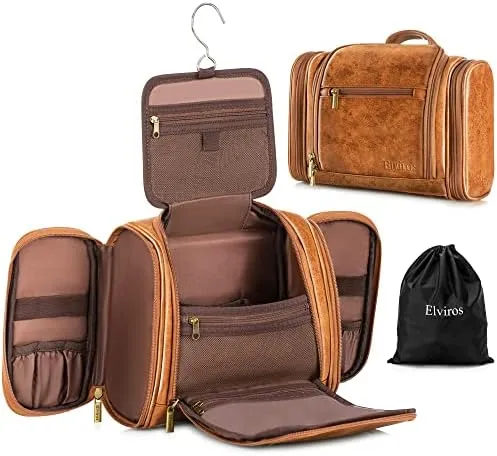 Elviros Travel Hanging Toiletry Bag for Women and Men, Large PU Leather Toiletries Organizer, Water-resistant Bathroom Shaving Kit for Cosmetics, Makeup Case (Large, Brown)