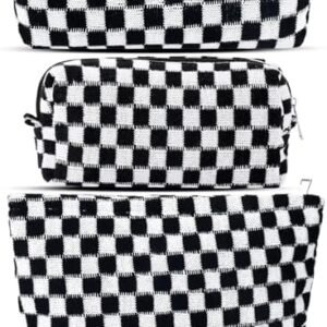 3Pcs Checkered Makeup Bag for Women Large Medium Small Blue Cosmetic Bag Set Travel Makeup Pouch for Purse Zipper Toiletry Organizer Cute Kawaii Aesthetic Trendy Travel Essentials Accessories