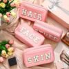 Remerry 4 Pcs Nylon Cosmetic Bag Travel Organizer Chenille Letter Makeup Pouch Zipper Preppy Waterproof Hair Bag Toiletry Pouch for Women Girls(Pink) - Image 2