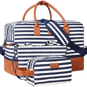 Oflamn Weekender Overnight Bag for Women with Shoe Compartment, Travel Duffle Bag Set with Hand Tote Bag & Toiletry Bag (Blue Stripes)