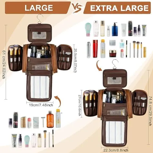 Elviros Travel Hanging Toiletry Bag for Women and Men, Large PU Leather Toiletries Organizer, Water-resistant Bathroom Shaving Kit for Cosmetics, Makeup Case (Large, Brown) - Image 5