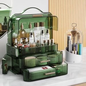 Makeup Organizers Skincare organizers with 2-Layer Storage Box and Transparent Cover Waterproof Dustproof Cosmetics Display Cases with Brush Holder for Countertop Vanity Bathroom Dresser Gift (Green)