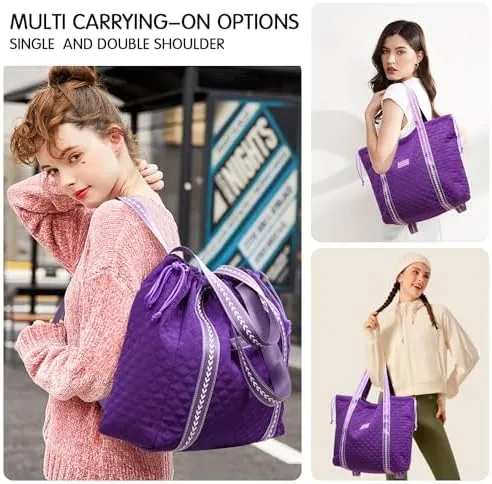 FIORETTO Womens Quilted Travel Tote Bag Duffle Bag with Trolley Sleeve, Gym Weekender Overnight Hospital Bag with Double Shoulder Strap, Water-Resistant Carry On Hand luggage Bag Holdall Purple - Image 2