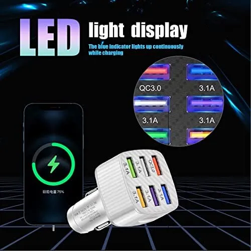 Ajxn Pack-1 Car Charger Adapter, 6 USB Multi Port Fast Charger, QC3.0 USB Fast Charger, Universal for Most Cell Phones, iPhone (White) - Image 5