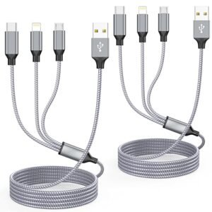 Multi Charger Cable 4ft 2Pack Multi Charging Cable Nylon Braided Multiple USB Universal 3 in 1 Charger Cable Adapter with Type C Micro Lightning USB Port Connectors for Cell Phones