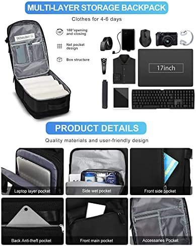 VGCUB Large Travel Backpack Bag for Women Men,Carry on Backpack,17 Inch Laptop Business Work Waterproof Backpack with Laptop Compartment,Person Item Flight Approved,Mochila de Viaje,Black Expandable - Image 7