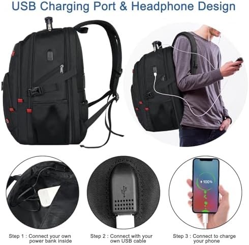 Z-MGKISS Extra Large Travel Backpack, TSA Backpack 17.3 Inch, 50L Anti Theft 17 Inch Big Business Laptop Backpack, Gift for Men & Women, Water Resistant College Rucksack Bag with USB Port, Black - Image 5