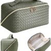 2023 New Large Capacity Travel Cosmetic Bag, PU Leather Waterproof Portable Cosmetic Bag with Handle and Divider, Travelling Makeup Bag, Travel Toiletry Bag (Braid Style Green)