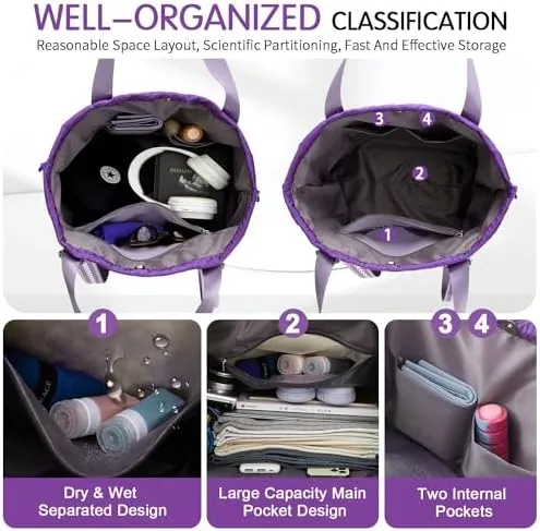 FIORETTO Womens Quilted Travel Tote Bag Duffle Bag with Trolley Sleeve, Gym Weekender Overnight Hospital Bag with Double Shoulder Strap, Water-Resistant Carry On Hand luggage Bag Holdall Purple - Image 3