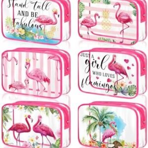 Cunno 6 Pcs Flamingo Clear Makeup Bags for Women, Preppy Cosmetic Bags with Zipper Pink Smile Lightning Summer Transparent PVC Waterproof Travel Toiletry Organizer for Girls(Flamingo Style)
