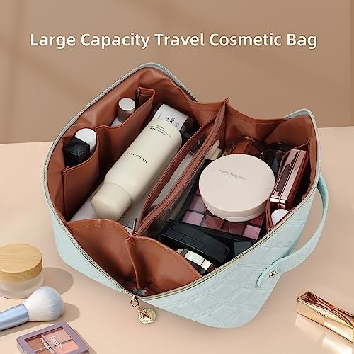 Ineowelly Makeup Bag, Large Capacity Travel Cosmetic Bag for Women, PU Leather Makeup Travel Bag Waterproof, Multifunctional Toiletry Bag with Portable Handle & Layered (Light-Blue) - Image 5