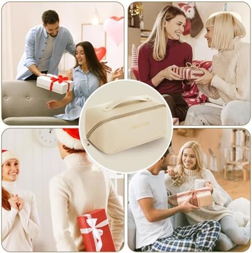 SWEET VIEW Makeup Bag, Large Capacity travel cosmetic bags, Waterproof Leather Flat Lay Toiletry Bag, Make up Organizer with Divider and Handle (Beige) - Image 7
