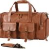 PU Leather Travel Duffel Bag with Shoe Pouch Large Carry on Bag Waterproof Weekender Overnight Bag for Men Women Brown
