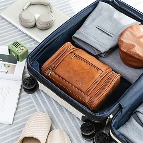 Elviros Travel Hanging Toiletry Bag for Women and Men, Large PU Leather Toiletries Organizer, Water-resistant Bathroom Shaving Kit for Cosmetics, Makeup Case (Large, Brown) - Image 9