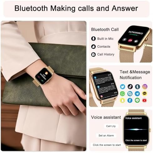 Smart Watch for Women Fitness Tracker: Gold Smart Watches for Women Digital Mens Watches Make/Answer Call Waterproof Running Smartwatch Android Phone iPhone Samsung Compatible Heart Rate Monitor - Image 2