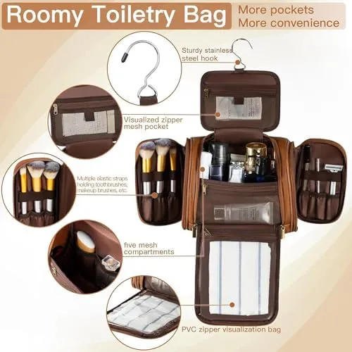 Elviros Travel Hanging Toiletry Bag for Women and Men, Large PU Leather Toiletries Organizer, Water-resistant Bathroom Shaving Kit for Cosmetics, Makeup Case (Large, Brown) - Image 2