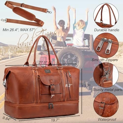 weiatas Leather Travel Duffel Bag for Women Men, Large Weekender Overnight Bag with Shoes Compartment, Waterproof Carry On Bag Travel Tote Bag Gym Bag with Luggage Strap (Brown) - Image 5