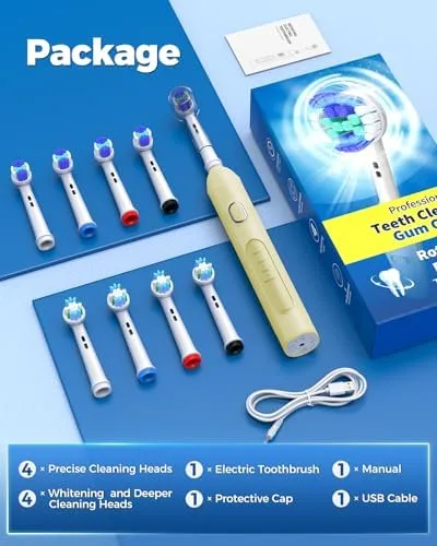 Rotating Electric Toothbrush for Adults with 8 Brush Heads (2 Types), 4 Modes Deep Clean Electric Toothbrush with Rechargeable Power and 2 Min Smart Timer, Fast Charge (Yellow) - Image 8