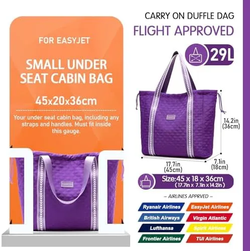 FIORETTO Womens Quilted Travel Tote Bag Duffle Bag with Trolley Sleeve, Gym Weekender Overnight Hospital Bag with Double Shoulder Strap, Water-Resistant Carry On Hand luggage Bag Holdall Purple - Image 5