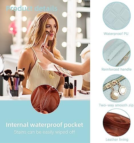 Ineowelly Makeup Bag, Large Capacity Travel Cosmetic Bag for Women, PU Leather Makeup Travel Bag Waterproof, Multifunctional Toiletry Bag with Portable Handle & Layered (Light-Blue) - Image 6