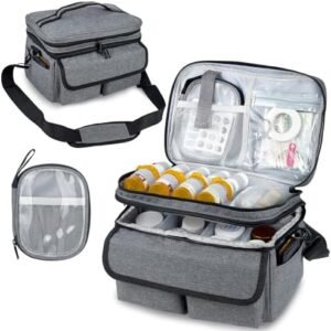 LEIKOLL Medicine Storage Bag, Pill Bottle Organizer with Shoulder Strap, Travel Medicine Organizer Box, First Aid Kit with Portable Small Bag, Medication Bottle Organizer Empty Grey