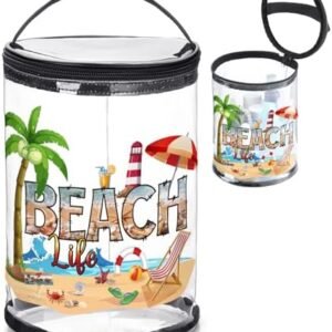 Sanwuta Beach Theme Clear Lotion Toiletry Bag Travel Makeup Case Waterproof PVC Cosmetic Bag with Handle Zipper Portable Survival Organizer Pouch for Women Pool Gift Birthday Summer Party