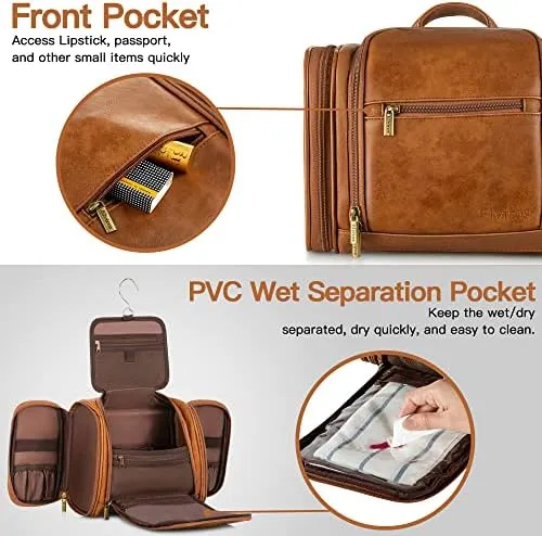 Elviros Travel Hanging Toiletry Bag for Women and Men, Large PU Leather Toiletries Organizer, Water-resistant Bathroom Shaving Kit for Cosmetics, Makeup Case (Large, Brown) - Image 4