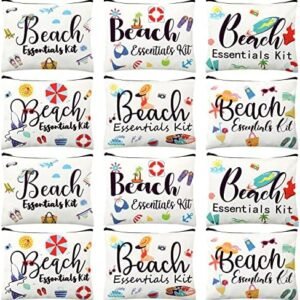 Chunful 12 Pcs Beach Makeup Bag Summer Beach Themes Cosmetic Bag Bulk Portable Essentials Kit Survival Kit Bag Flamingo Palm Leaves Cosmetic Pouch with Zipper for Women Travel Accessories (Beach)