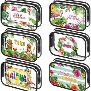 Capoda 6 Pcs Hawaiian Clear Toiletry Bags Transparent Aloha Cosmetic Bag Hello Summer Makeup Bag Waterproof PVC Tiki Beach Travel Pouch for Men Women Business Bathroom Organizer, 6 Styles