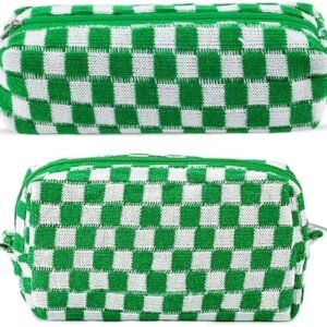 ZLFSRQ 2Pcs Checkered Makeup Bag for Women Travel Medium Small Cosmetic Bag Set Cute Makeup Pouch Purse Zippered Toiletry Bag Organizer Preppy Y2K Trendy Aesthetic Makeup Brushes Storage Bag(Green)