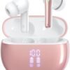 Wireless Earbuds Bluetooth Headphones, 40H Playtime Stereo IPX5 Waterproof Ear Buds, LED Power Display Cordless in-Ear Earphones with Microphone for iPhone Android Cell Phone Sports, Pink