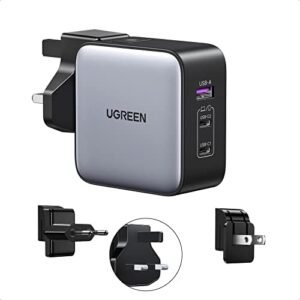 UGREEN 65W USB C Charger, Nexode 3 Port Travel Charger GaN Fast International Charger with US UK EU Plug, USB C Power Adapter for MacBook Pro/Air, Dell XPS, iPhone 15/14, iPad, Galaxy S23, Steam Deck