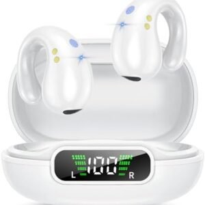 Open Ear Clip Headphones, Wireless Earbuds Bluetooth 5.3 Sports Earphones Built-in Mic with Ear Hooks, 36H Playtime Charging Case LED Display, IP7 Waterproof Fitness Running Ear Buds, White