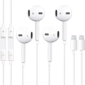 2 Pack Wired Earbuds for iPhone Headphones Wired Lightning Earphones Built-in Microphone & Volume Control Headsets Compatible for iPhone 14/13/12/11/XR/XS/X/8/7/SE/Pro/Pro Max, LT-White, LT-A01