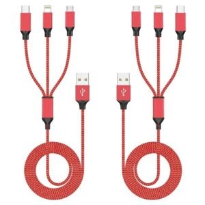 Multi Charging Cable(2Pack 4FT), Nylon Braided 3 in 1 Universal Phone Charger Fast Charging with Type-C/Micro USB and IP Port, Compatible with Most Cell Phones(Red)