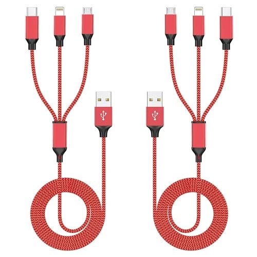 Multi Charging Cable(2Pack 4FT), Nylon Braided 3 in 1 Universal Phone Charger Fast Charging with Type-C/Micro USB and IP Port, Compatible with Most Cell Phones(Red)