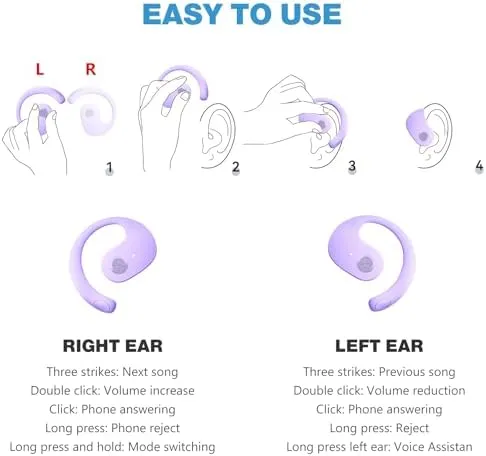 Bluetooth OWS Headphone, Wireless Bluetooth Earphone, Out of Ear Open Ear Headphones, Active Noise Hanging Ear Headset, Air Conduction Headphones for Running Cycling Work Long Playtime(Purple) - Image 6