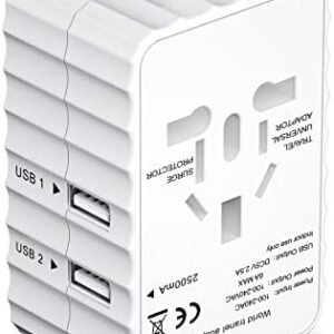 Travel Adapter, Worldwide All in One Universal Travel Adaptor Wall AC Power Plug Adapter Wall Charger with Dual USB Charging Ports for USA EU UK AUS Cell Phone Laptop